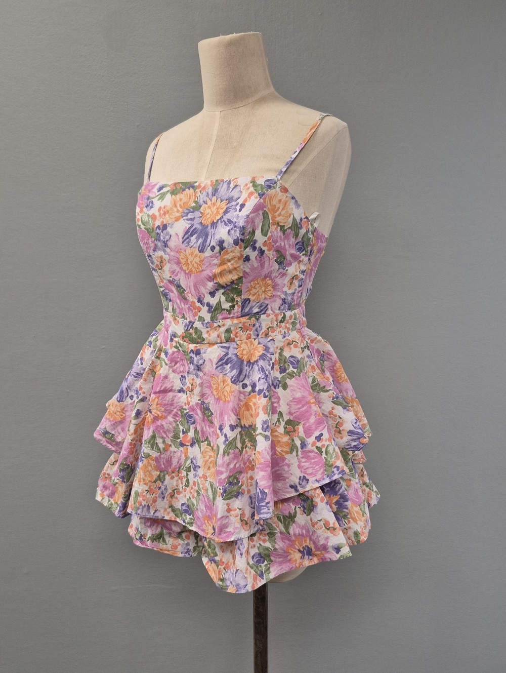 Angel Biba Floral Tiered Fit & Flare Romper / Mini Dress Pink Purple Blue Sz M